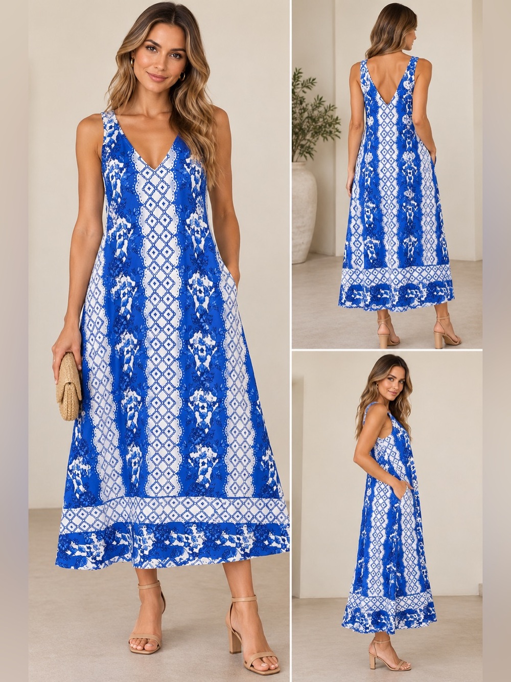 Gibson & Latimer Blue White Boho Greek Print Cotton Midi Dress Size M